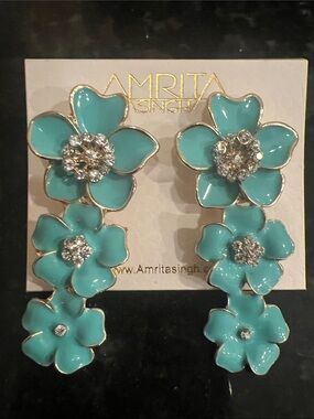 Amrita Singh Aqua Floral Triple Drop Earrings with Crystal Centers